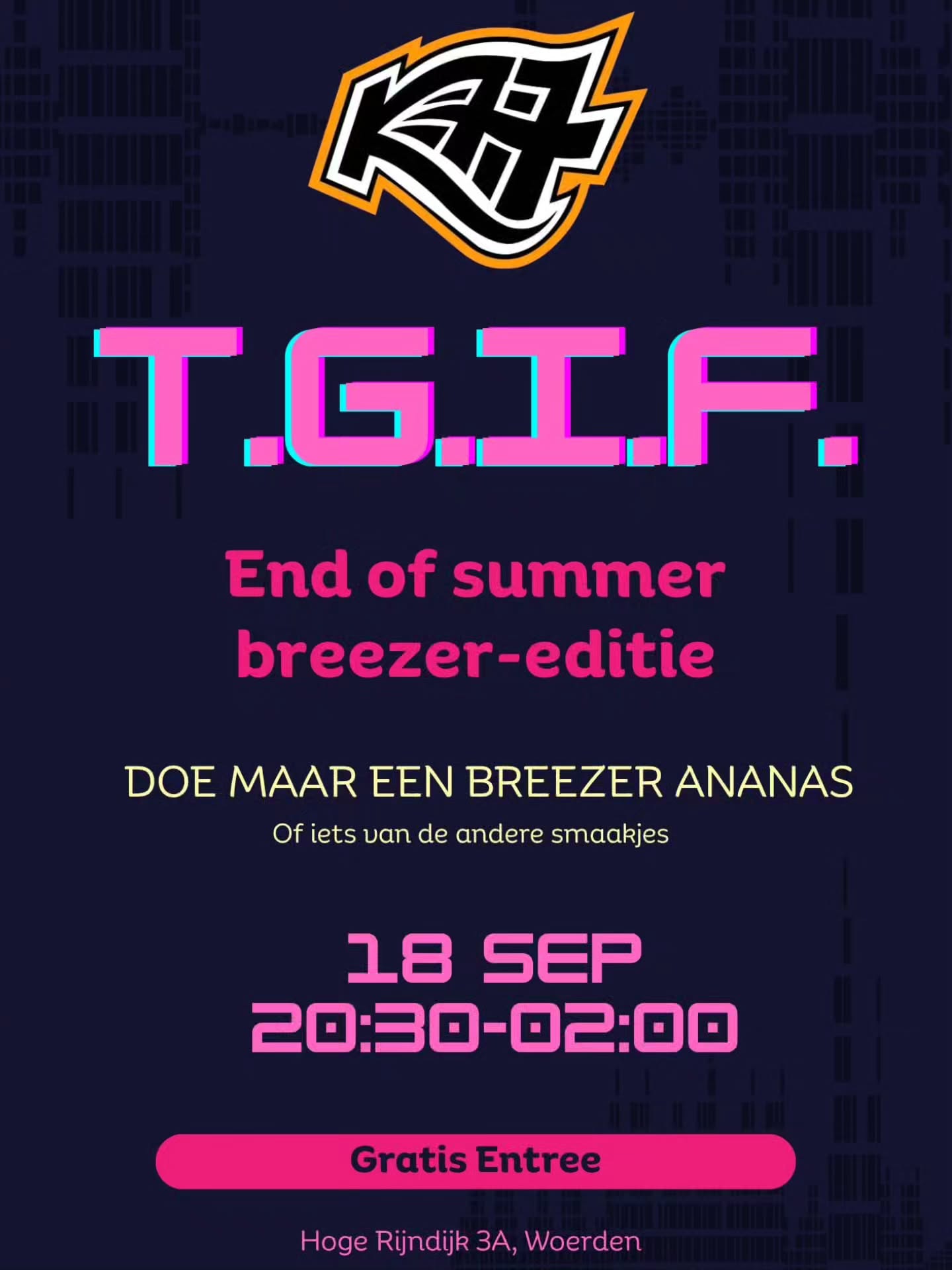 T.G.I.F. End of summer breezer-editie in roze letters op een donkerblauwe achtergrond