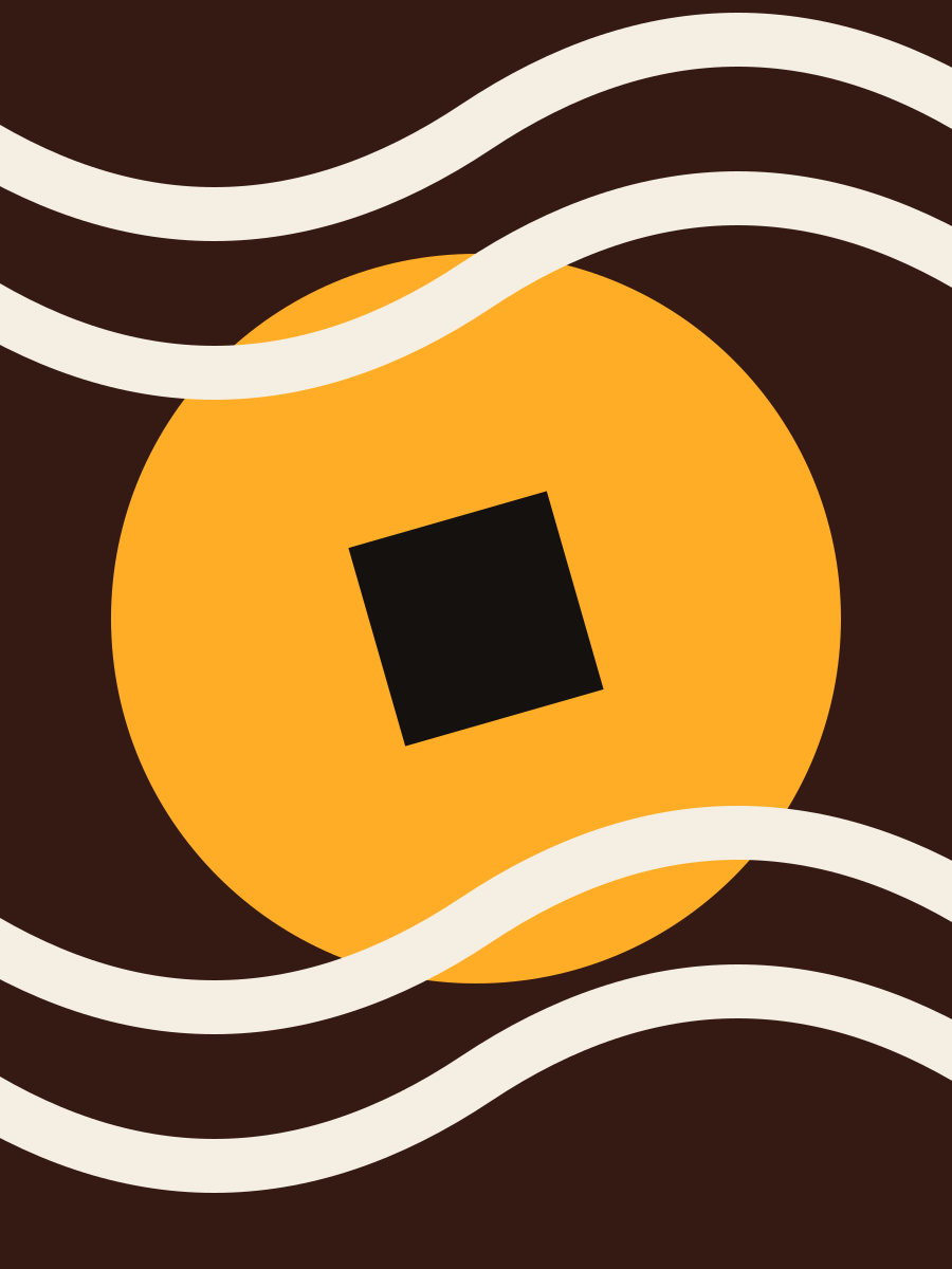 Abstracte poster met een gele cirkel en bewegende lijnen