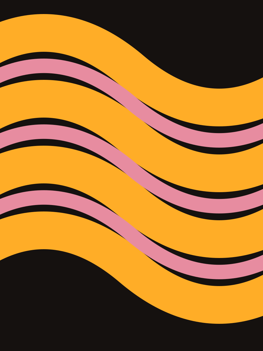 Abstracte poster met golvende oranje en roze banen op zwart